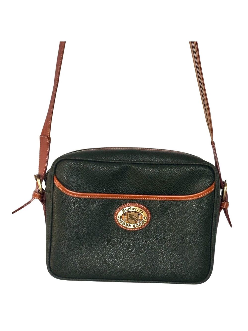 Vintage 1990s Burberrys Green Pebble Grain Leather Crossbody Bag Nova Check